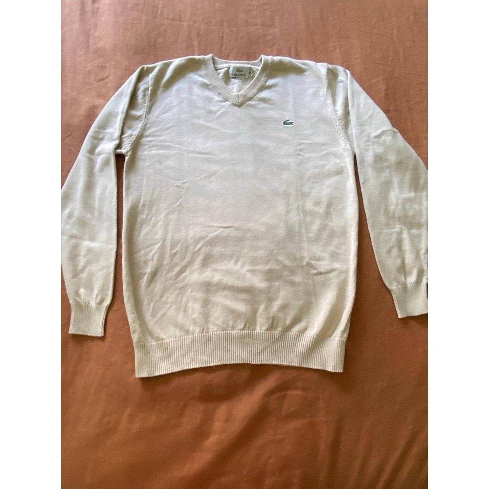 Vintage Lacoste V Neck Fitted Beige Medium XL Unisex Sweater Classic Poet SKU1